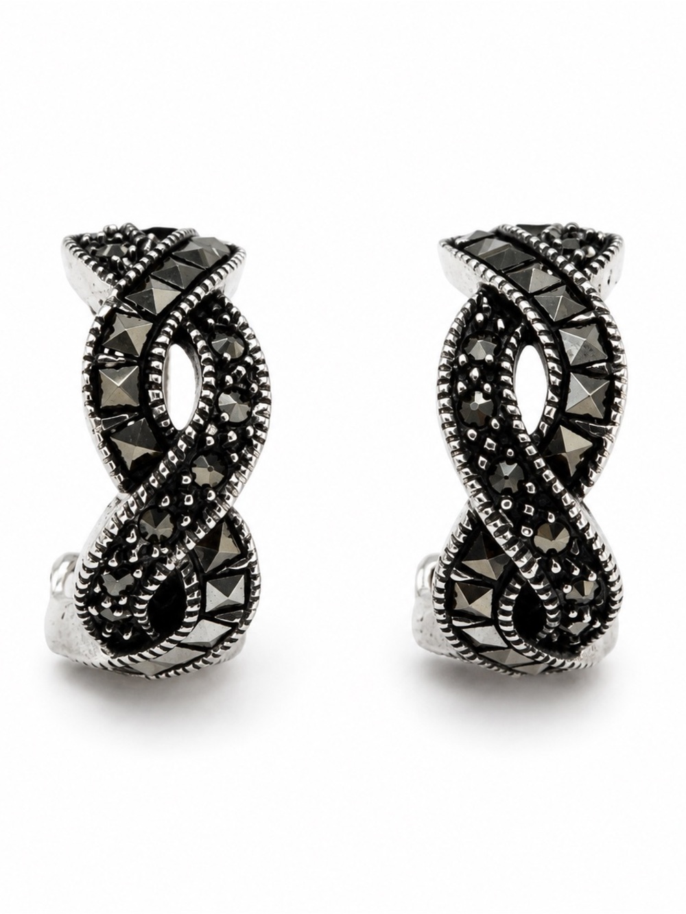 Vintage Judith Jack Sterling Black Marcasite Twist Hoop Earrings